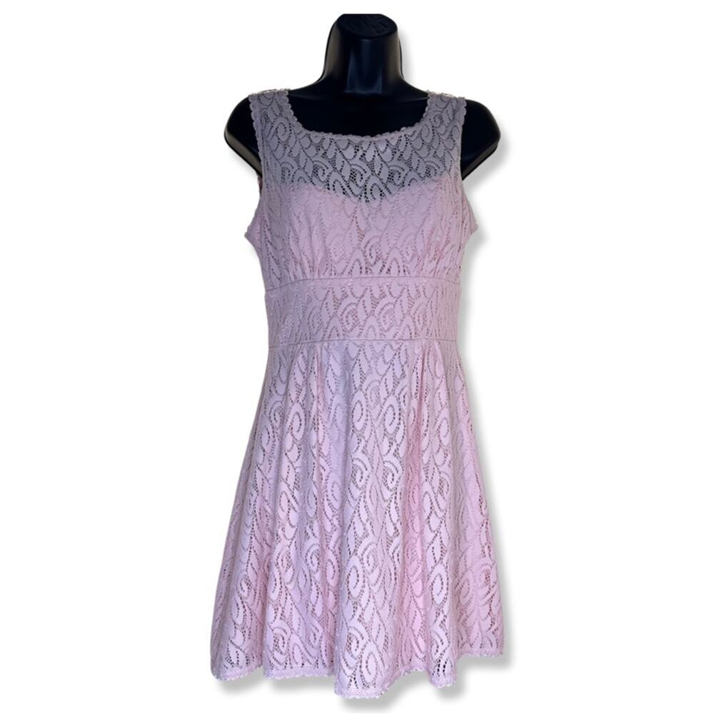 B. Darlin Sleeveless Pink Fit + Flare Dress Lace Crochet Overlay and Padded Bust